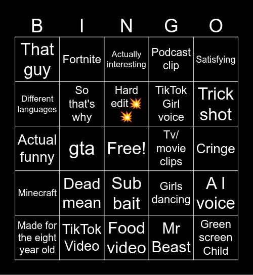 Youtube shorts bingo Card