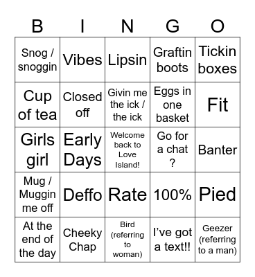 Love Island Bingo Card