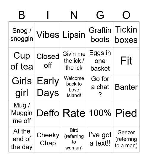 Love Island Bingo Card