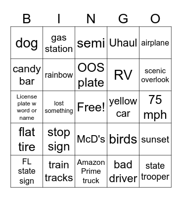 Girls' Road Trip Bingo Card