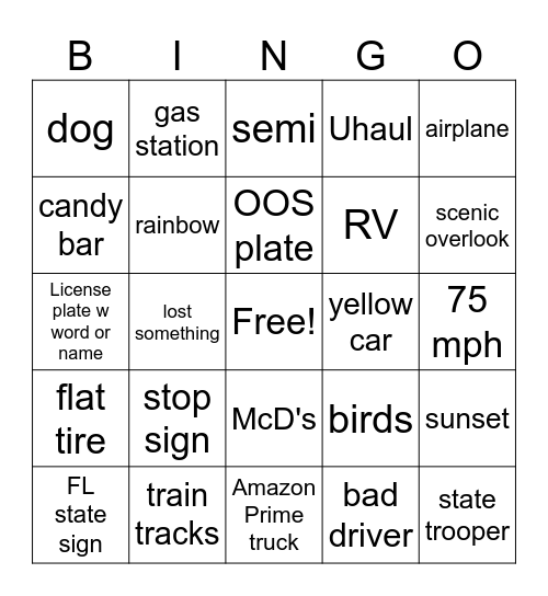 Girls' Road Trip Bingo Card