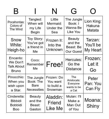 Disney Movie Songs Bingo Card