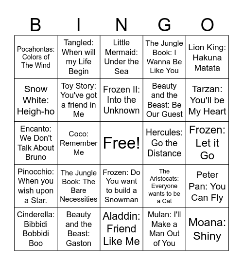 Disney Movie Songs Bingo Card