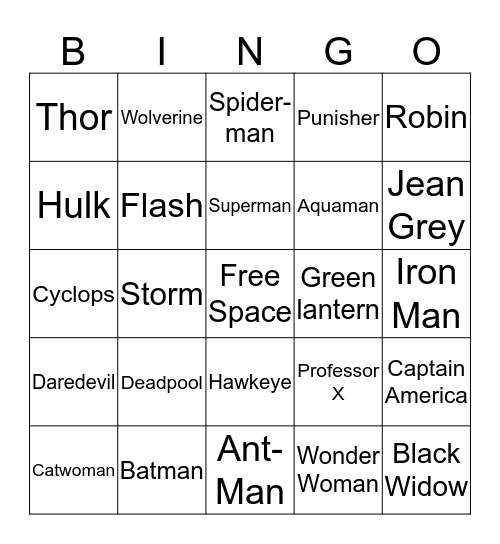 Super Hero BINGO Card