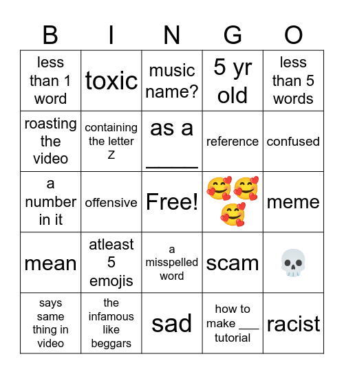 yt shorts COMMENTS bingo Card