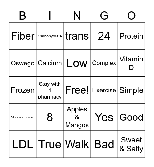 Nutrition Bingo Card
