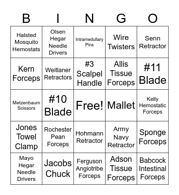 Surgical Instrument Bingo Card