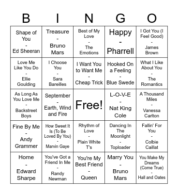 Upbeat First Dance Songs Bingo Card