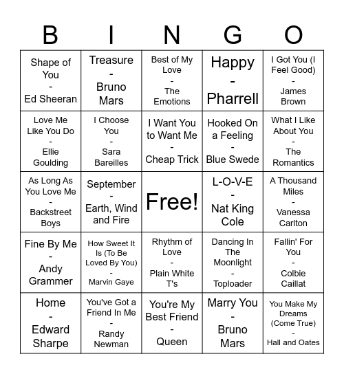 Upbeat First Dance Songs Bingo Card