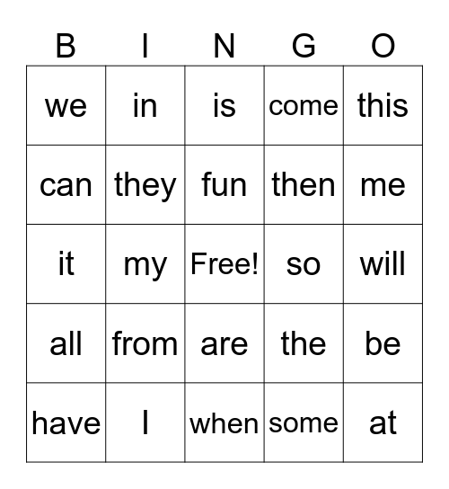 Sight Word BINGO!! Bingo Card