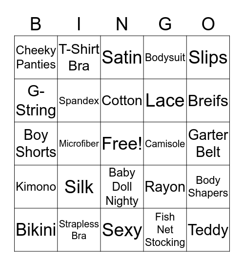 Lingerie Bingo Card