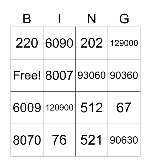 Numbers Bingo Card