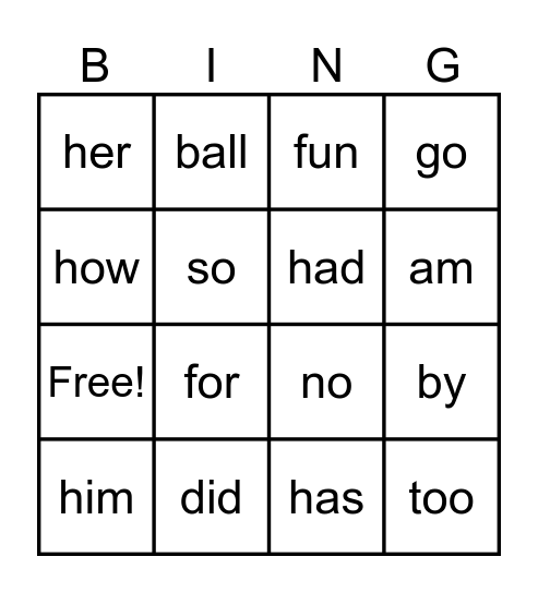 Snap Words Bingo Card