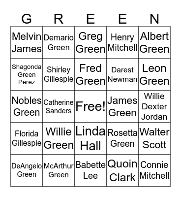 Green Family Reunion Bingo Card