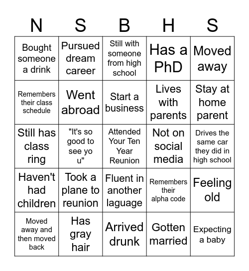 Class of 2011 Reunion Bingo Card