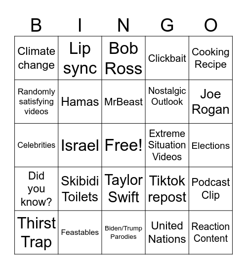 YouTube Stereotypes Bingo Card