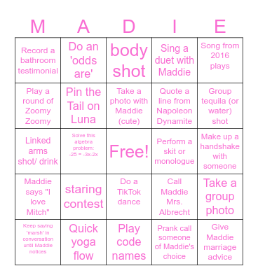 Maddie's Beach Bash Bingo Card