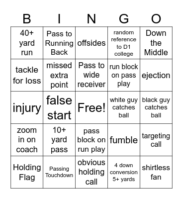 Harding Football Bingo Card