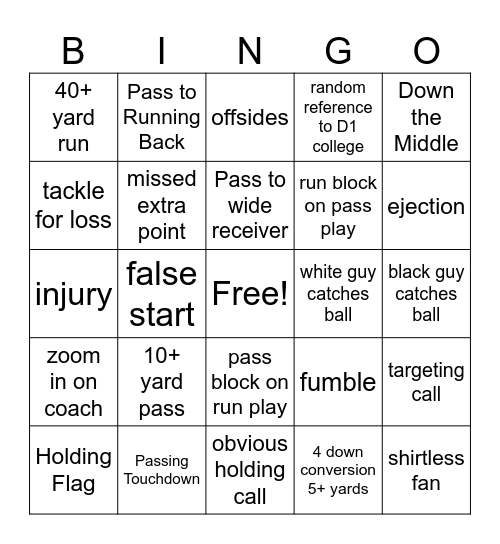 Harding Football Bingo Card