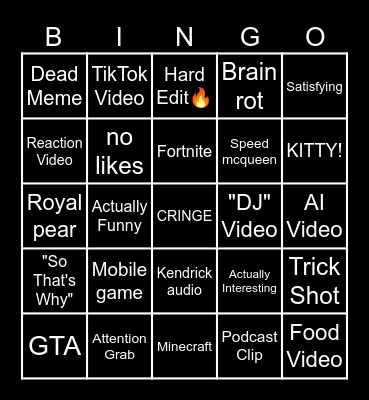 YouTube Shorts Bingo Card