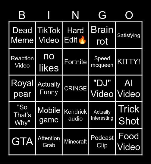 YouTube Shorts Bingo Card