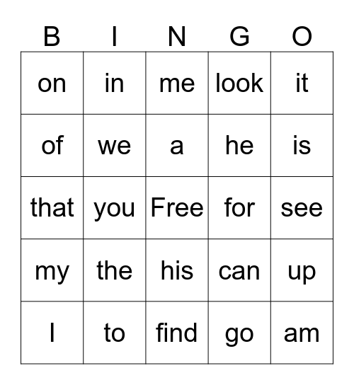 Pre-Prime Sight Words # 1 Bingo Card