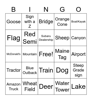 Road Trip Bingo Card