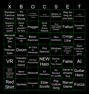 Xbox Event Bingo Card