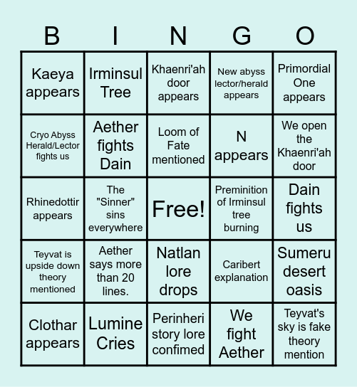 Genshin 4.7 Archon Quest Bingo Card