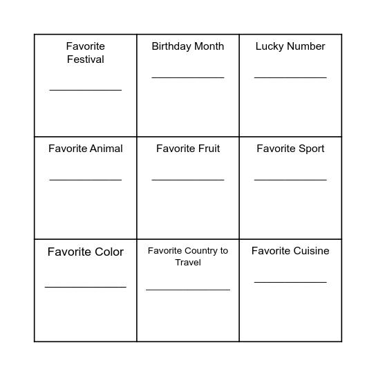 Your name: _____________ Bingo Card