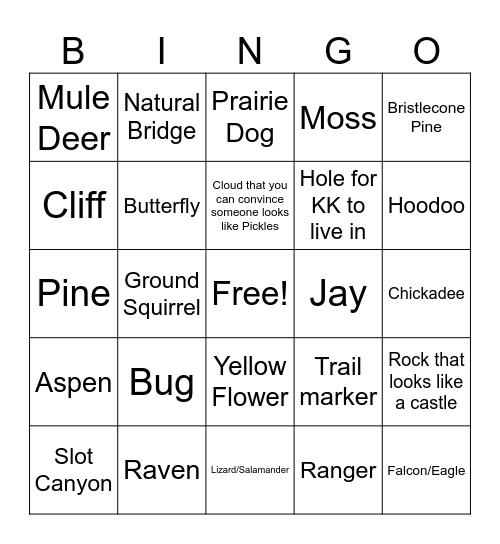 Bryce Canyon/Snow Canyon Bingo Card