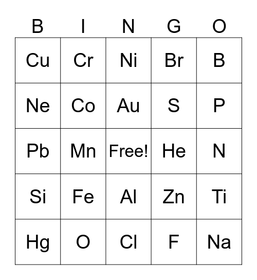 CHEMISTRY BINGO Card