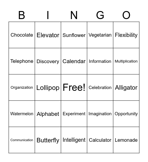 Word Bingo Card