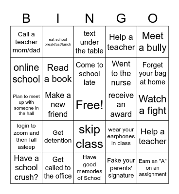 Middle School Bingo Card
