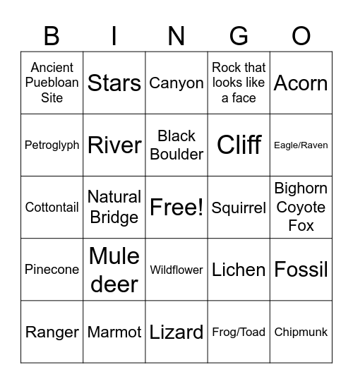 Capitol Reef/Natural Bridges Bingo Card