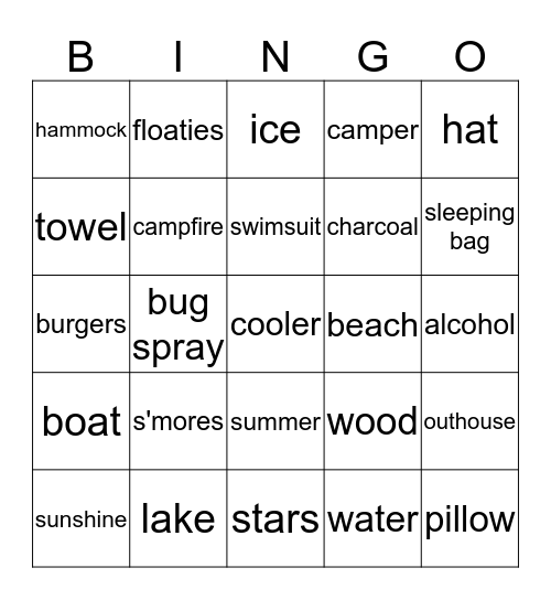 Camping Themed Bingo Card