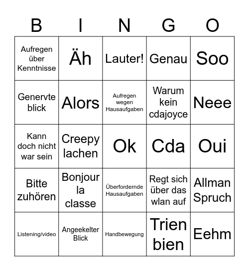 Französisch Bingo Card
