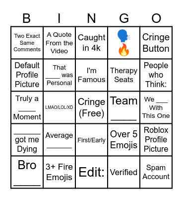 Youtube Shorts Comment Section Bingo Card