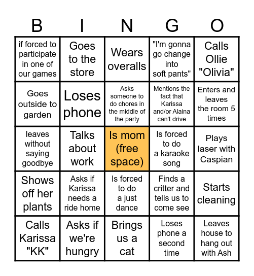 Mom Bingo Card