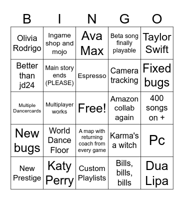 Just Dance 2025 Edition Bingo Card