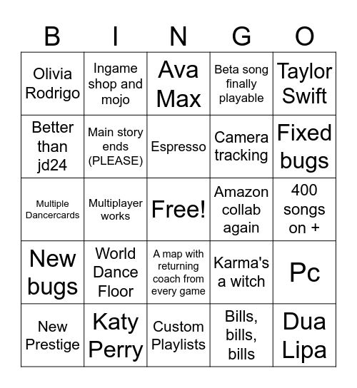 Just Dance 2025 Edition Bingo Card