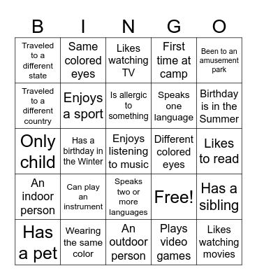 Characteristic Bingo Card