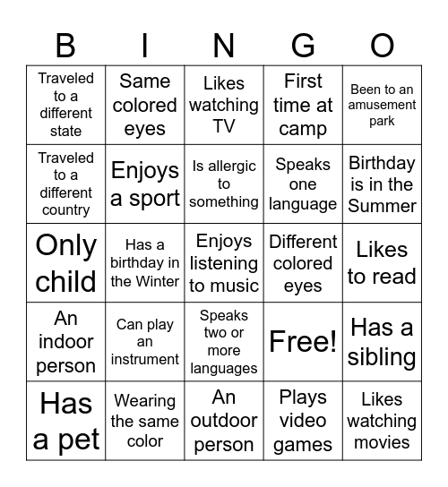 Characteristic Bingo Card