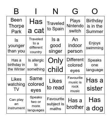 Characteristic Bingo Card