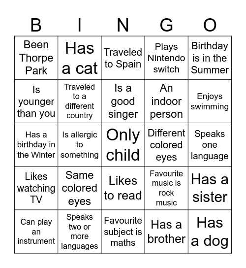 Characteristic Bingo Card