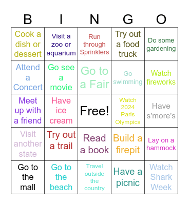 Summer Fun Bingo Card