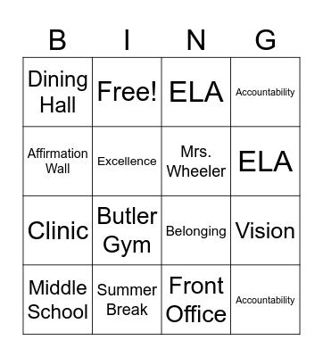 Butler Academy Bingo Card