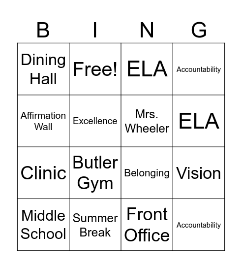 Butler Academy Bingo Card