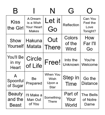 Disney Song Bingo Card