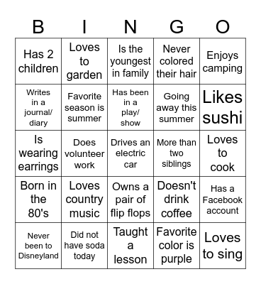 Get to Know You Bingo Card